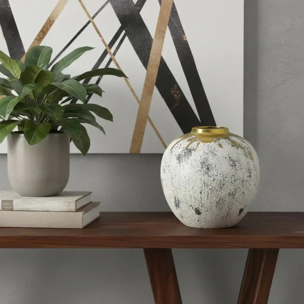 10" Ivory Gray And Gold Abstract Distressed Ceramic Round Table Vase - Homeroots - Flyclothing LLC