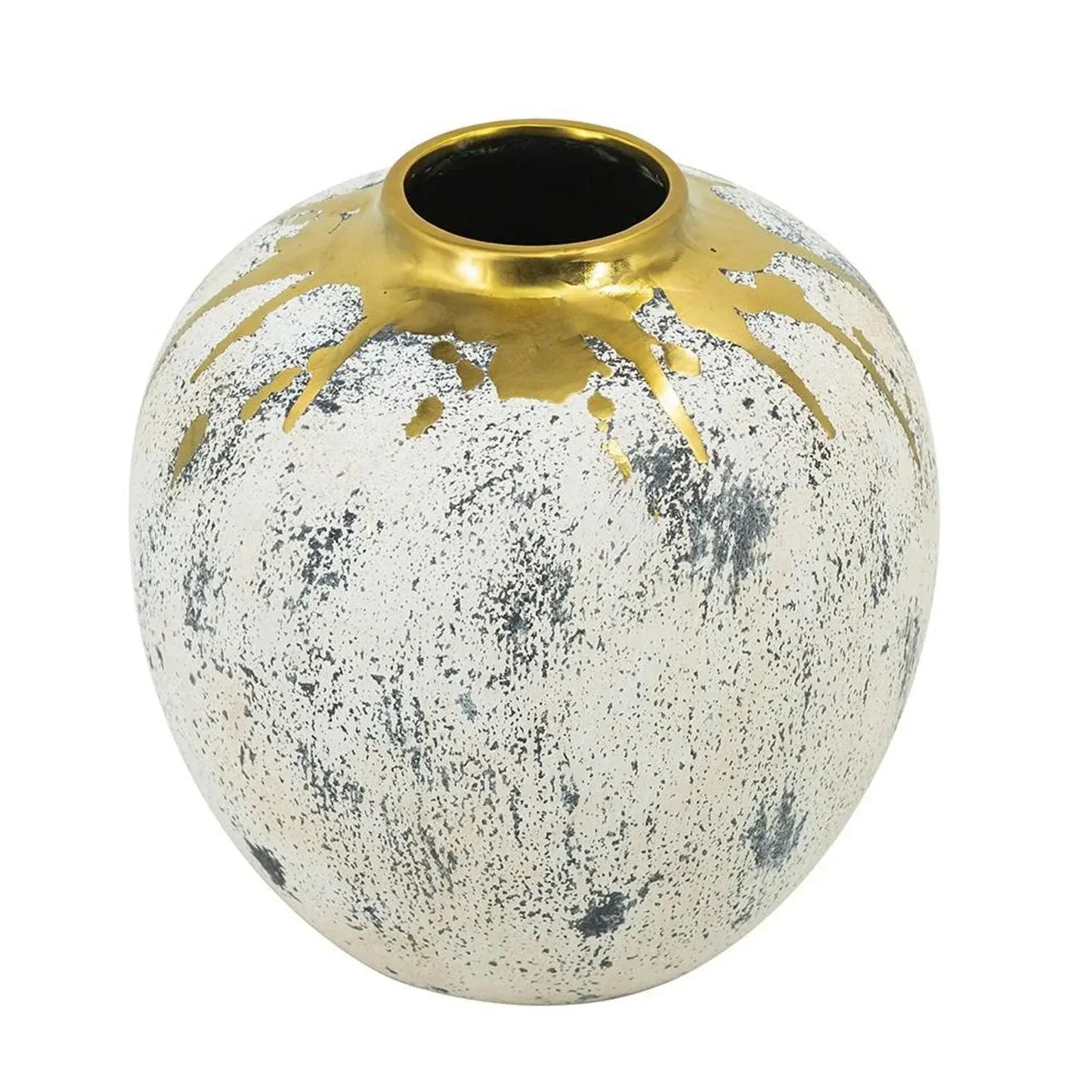 10" Ivory Gray And Gold Abstract Distressed Ceramic Round Table Vase - Homeroots - Flyclothing LLC