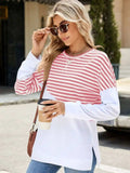 Slit Contrast Striped Long Sleeve Sweatshirt - Trendsi - Flyclothing LLC