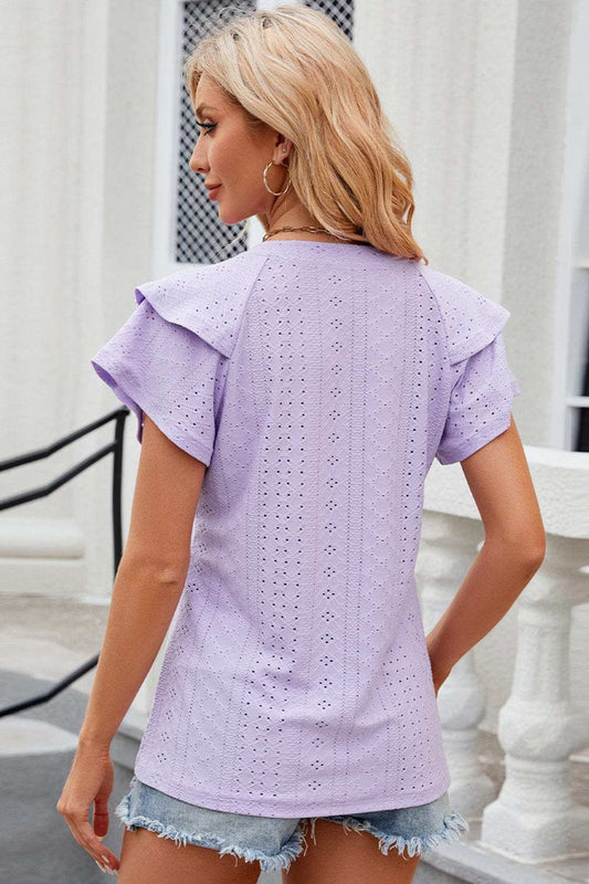 Eyelet Notched Flutter Sleeve T-Shirt - Trendsi - Flyclothing LLC