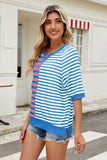 Striped Round Neck Half Sleeve T-Shirt - Trendsi - Flyclothing LLC