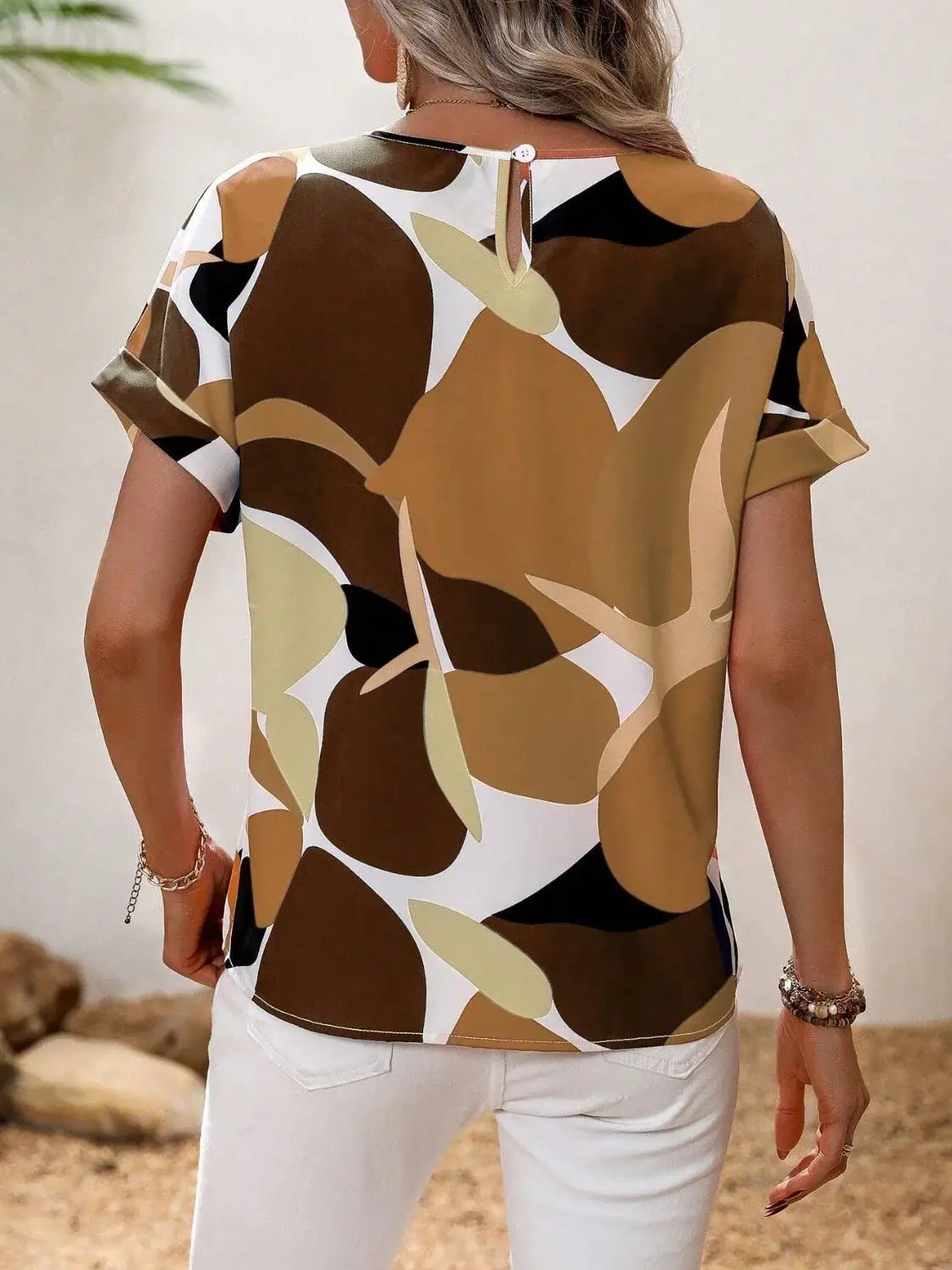 Contrast Round Neck Short Sleeve Blouse - Trendsi - Flyclothing LLC