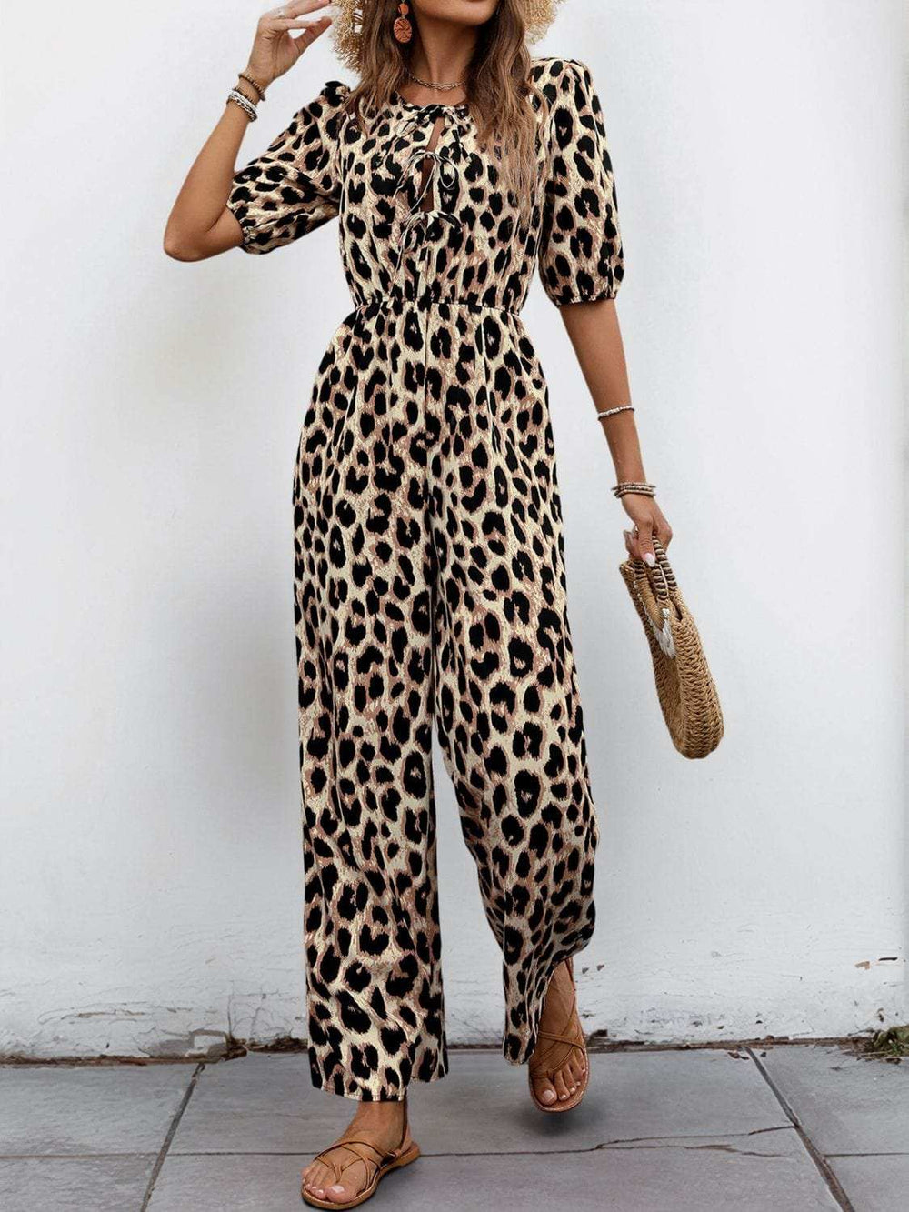Perfee Tied Leopard Half Sleeve Jumpsuit - Trendsi - Flyclothing LLC