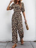 Perfee Tied Leopard Half Sleeve Jumpsuit - Trendsi