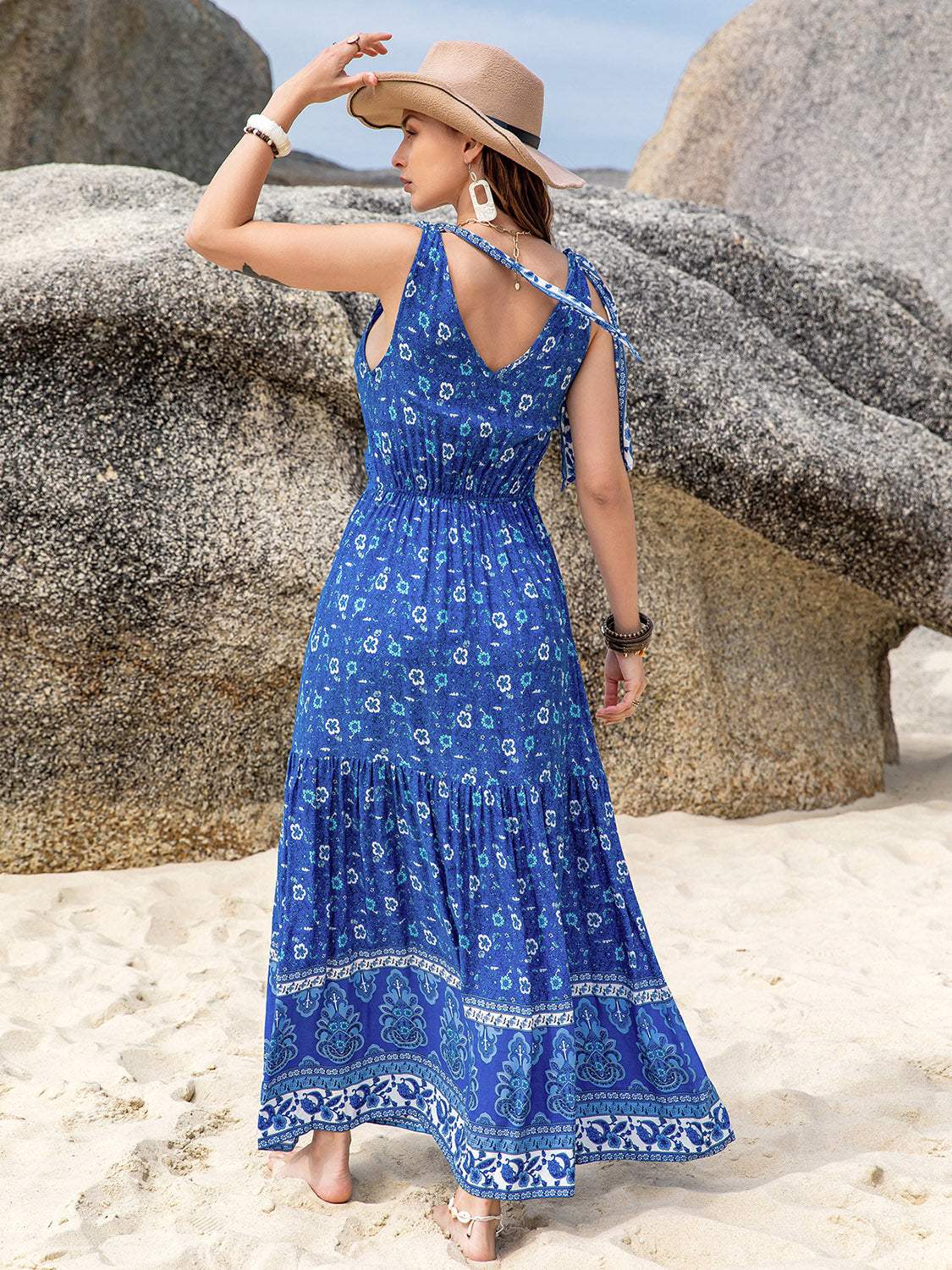 Printed V-Neck Tie Shoulder Dress - Trendsi - Flyclothing LLC