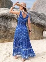 Printed V-Neck Tie Shoulder Dress - Trendsi - Flyclothing LLC