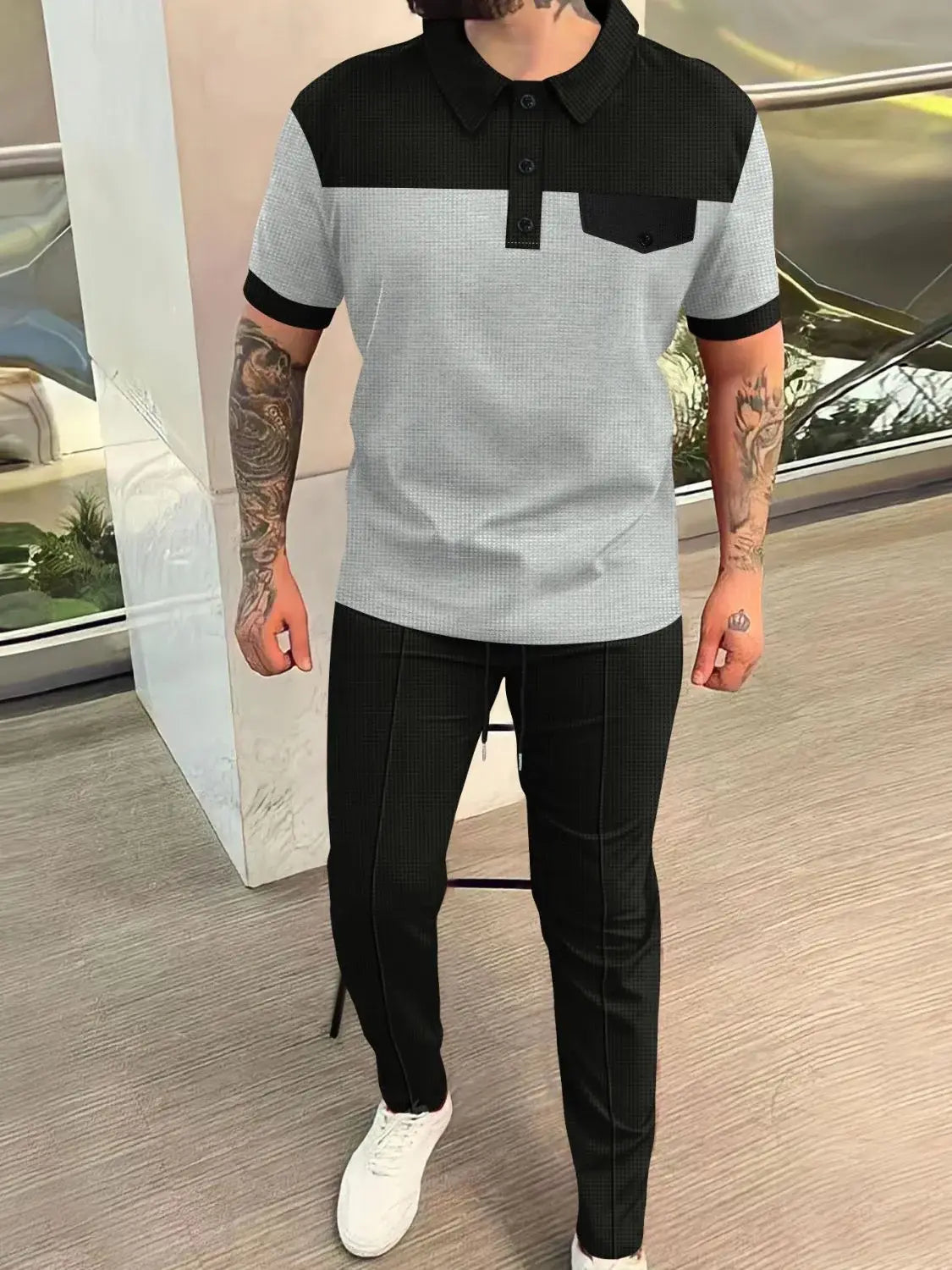 Men‘s Full Size Waffle-Knit Contrast Top and Pants Set Plus Size - Trendsi - Flyclothing LLC