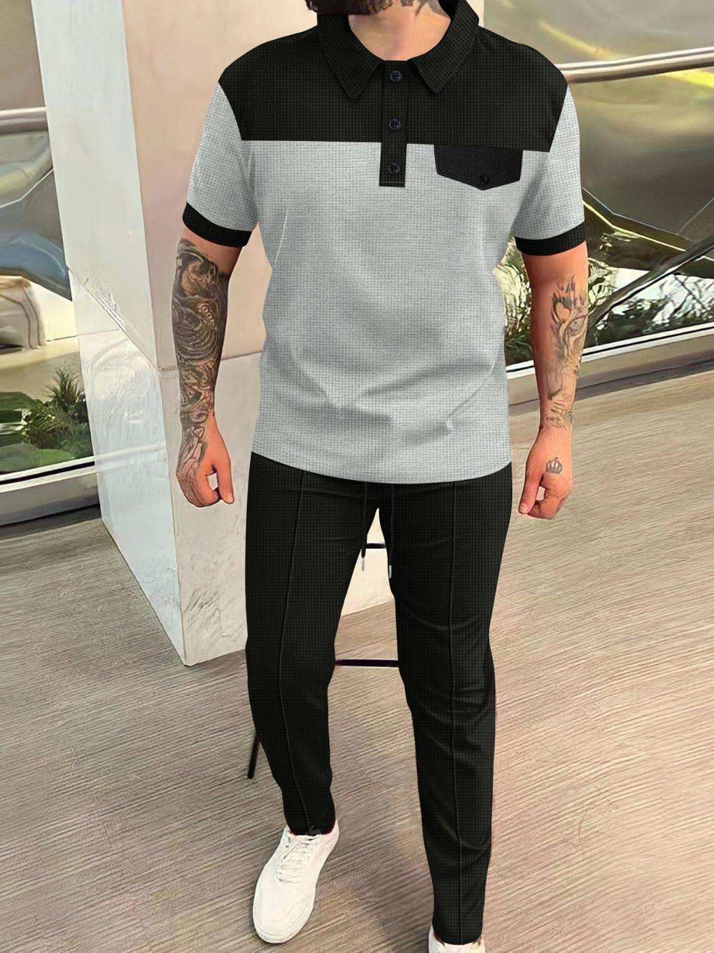 Men‘s Full Size Waffle-Knit Contrast Top and Pants Set Plus Size - Trendsi - Flyclothing LLC