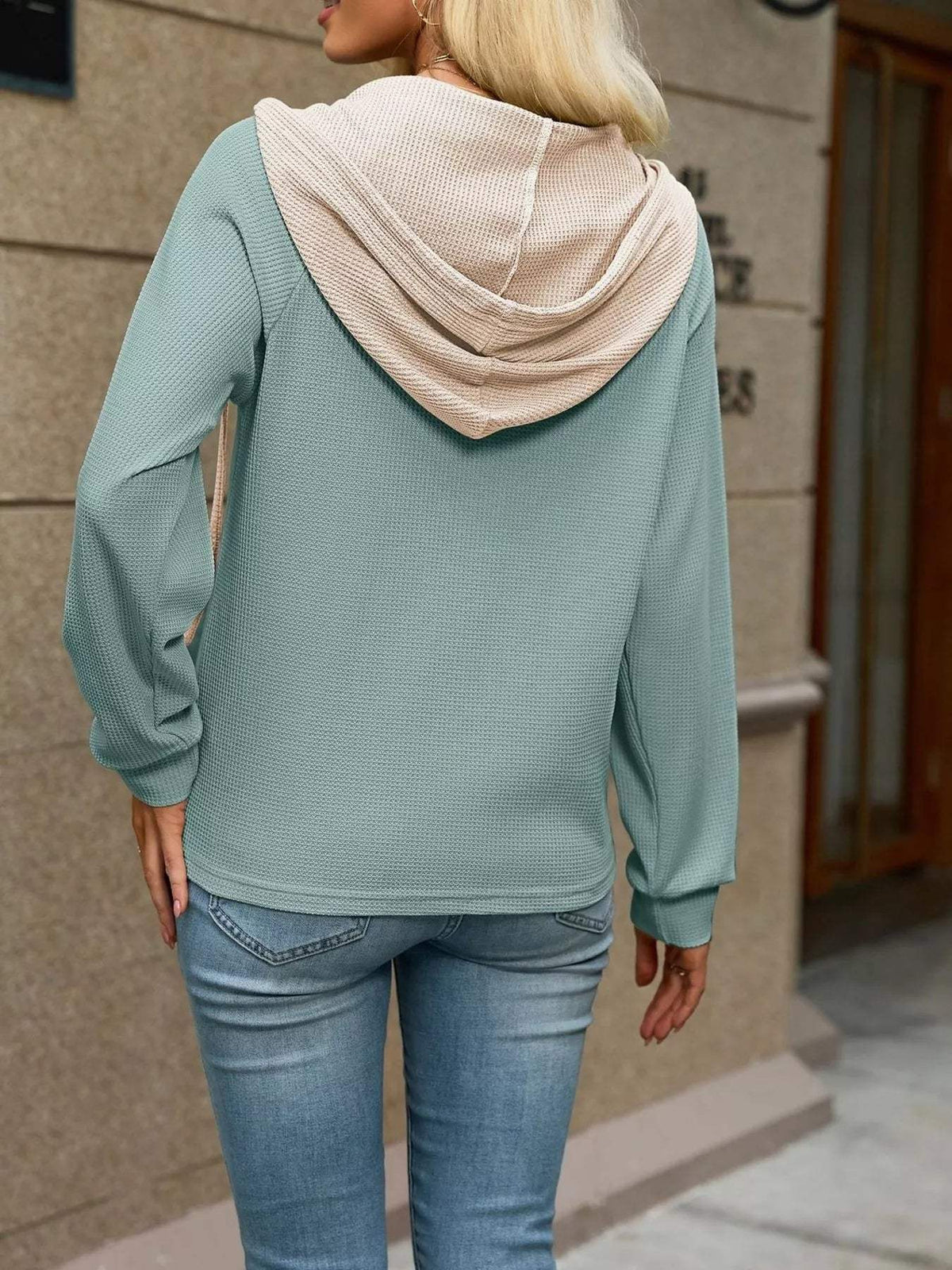 Waffle Knit Henley Hoodie with Contrast Trim - Trendsi - Flyclothing LLC