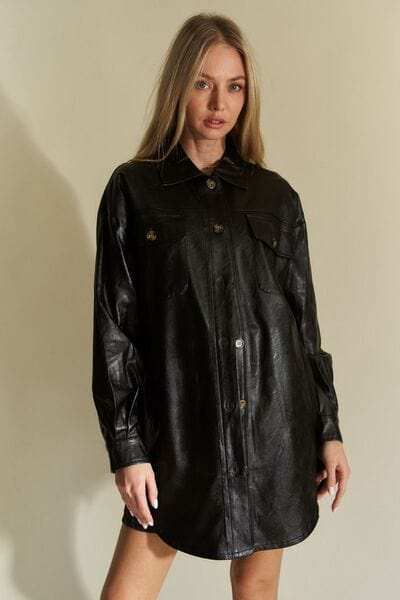 Davi & Dani Faux Leather Button Up Jacket with Chest Pockets - Trendsi - Flyclothing LLC