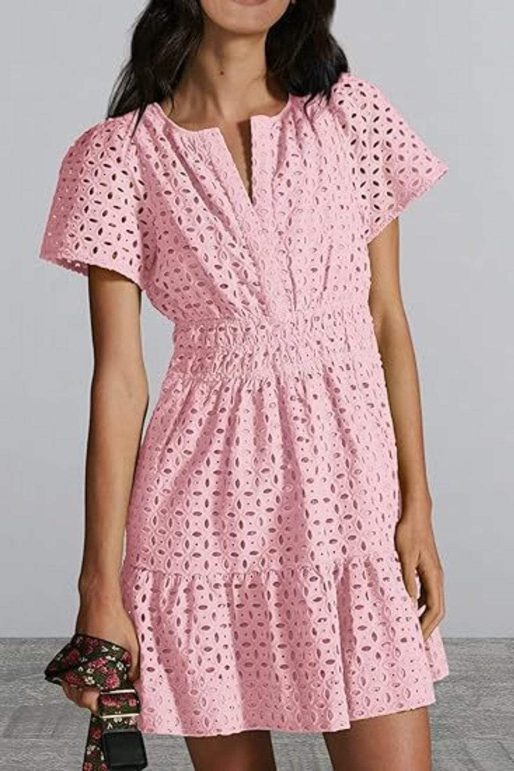 Eyelet Notched Short Sleeve Mini Dress - Trendsi - Flyclothing LLC