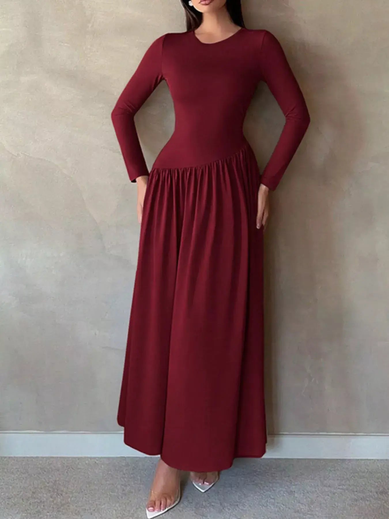 Long Sleeve Ruched A-Line Maxi Dress - Trendsi - Flyclothing LLC