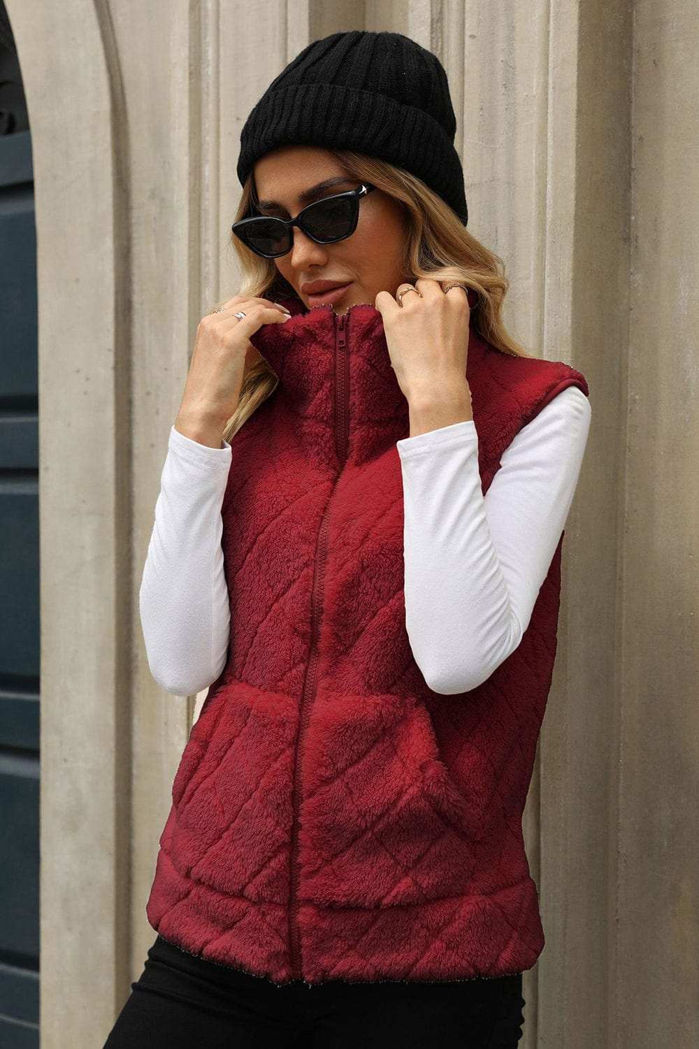 Fuzzy Plaid Texture Zip Up Vest Coat - Trendsi - Flyclothing LLC