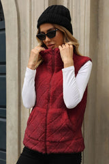 Fuzzy Plaid Texture Zip Up Vest Coat - Trendsi