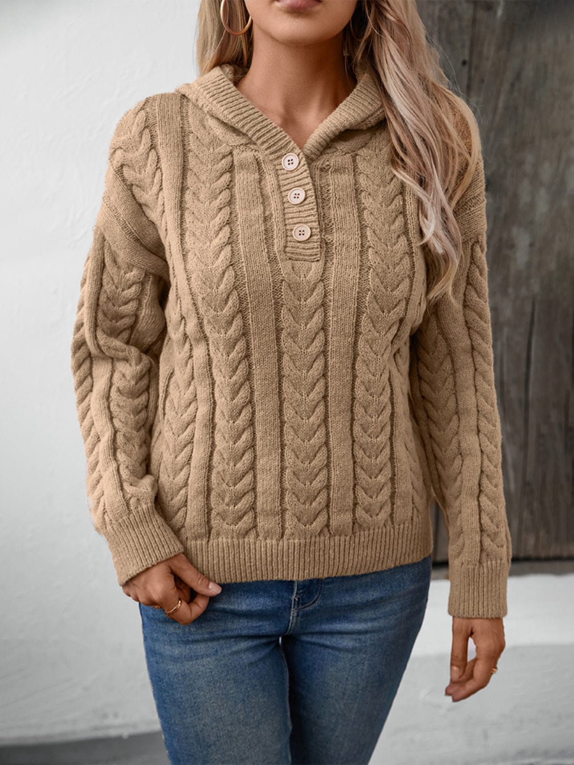 Cable-Knit Long Sleeve Hooded Sweater - Trendsi
