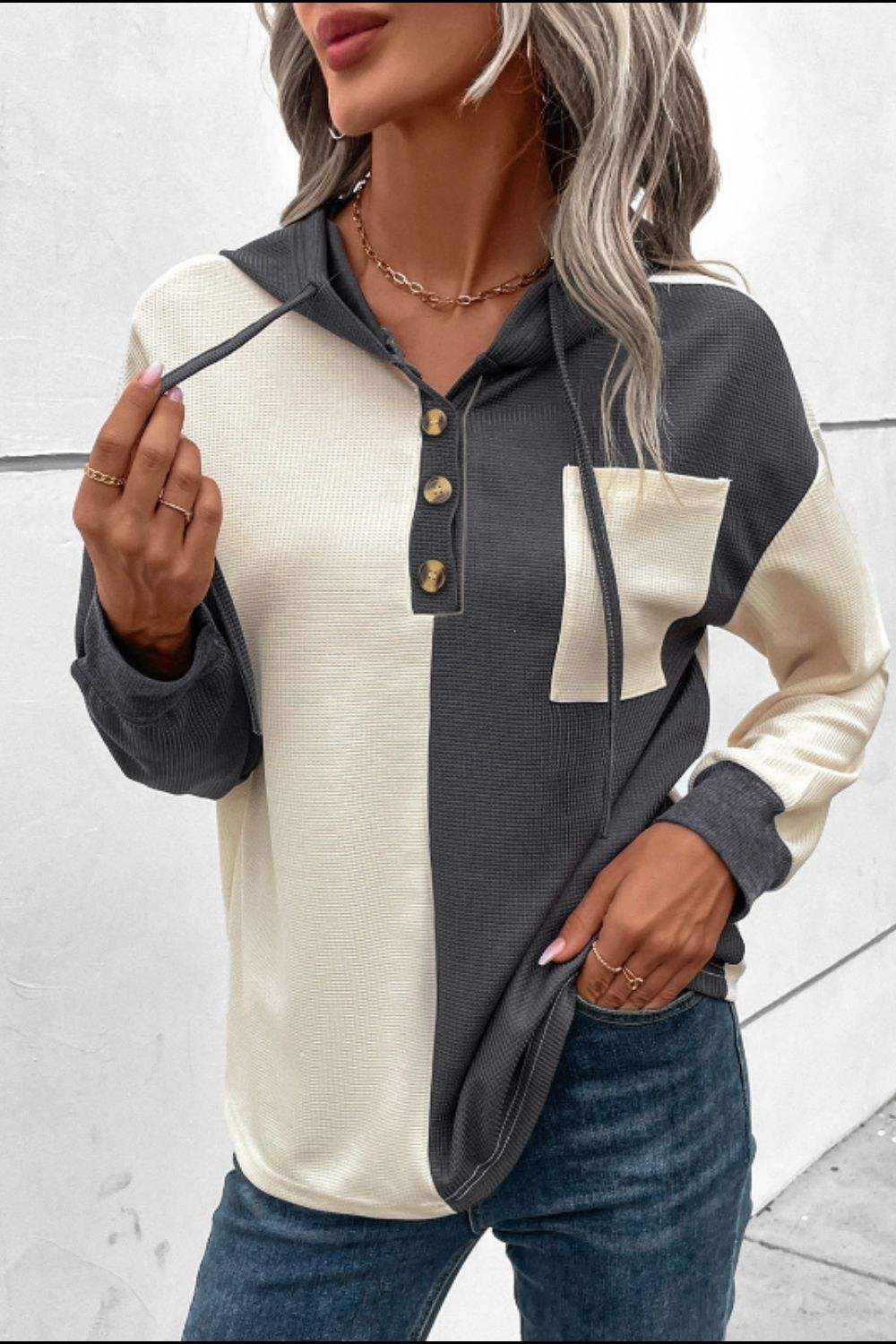 Waffle-Knit Two-Tone Long Sleeve Hoodie - Trendsi - Flyclothing LLC