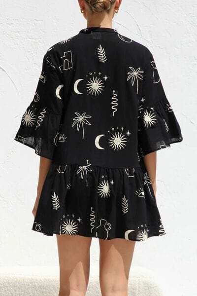 Ruched Printed Three-Quarter Sleeve Mini Dress - Trendsi - Flyclothing LLC