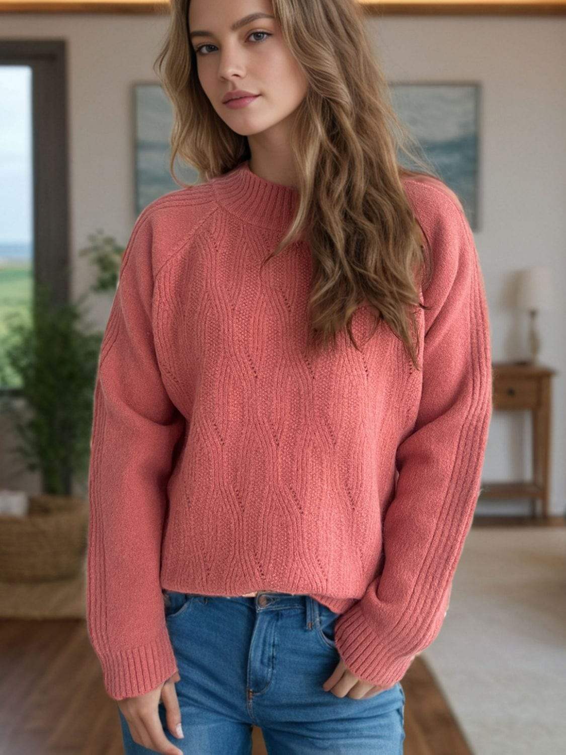 Mock Neck Long Sleeve Sweater - Trendsi - Flyclothing LLC