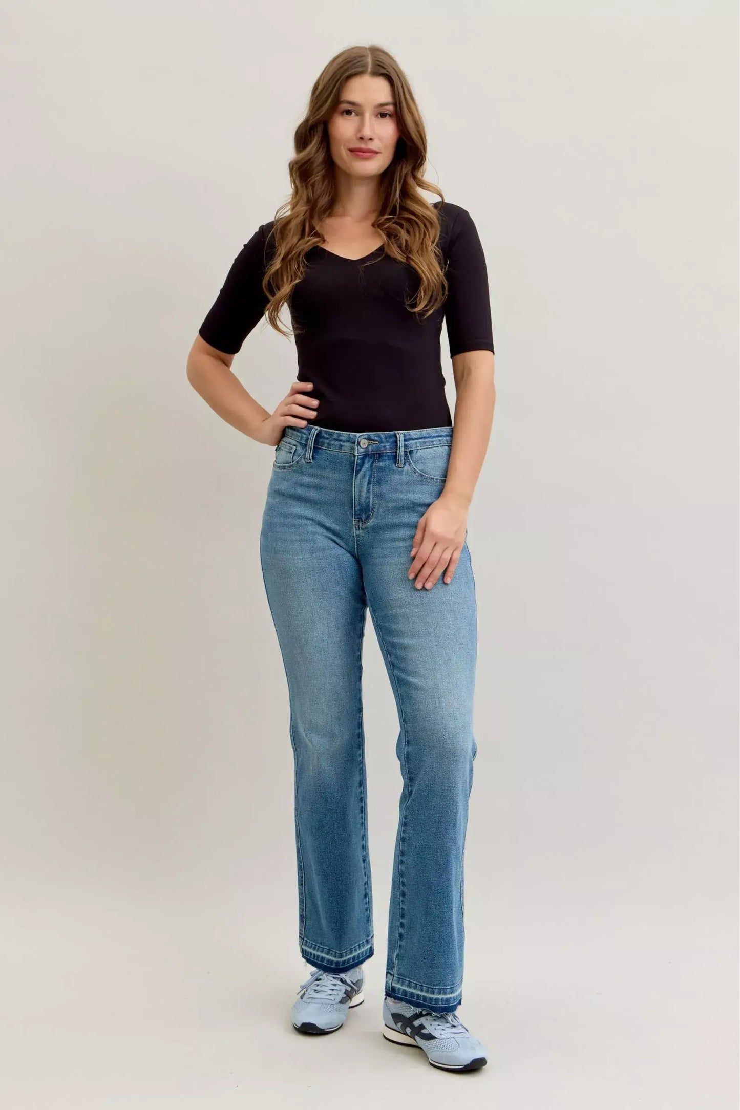 Judy Blue Full Size Mid Rise Slim Bootcut Tummy Control Release Hem Jeans Plus Size - Trendsi - Flyclothing LLC