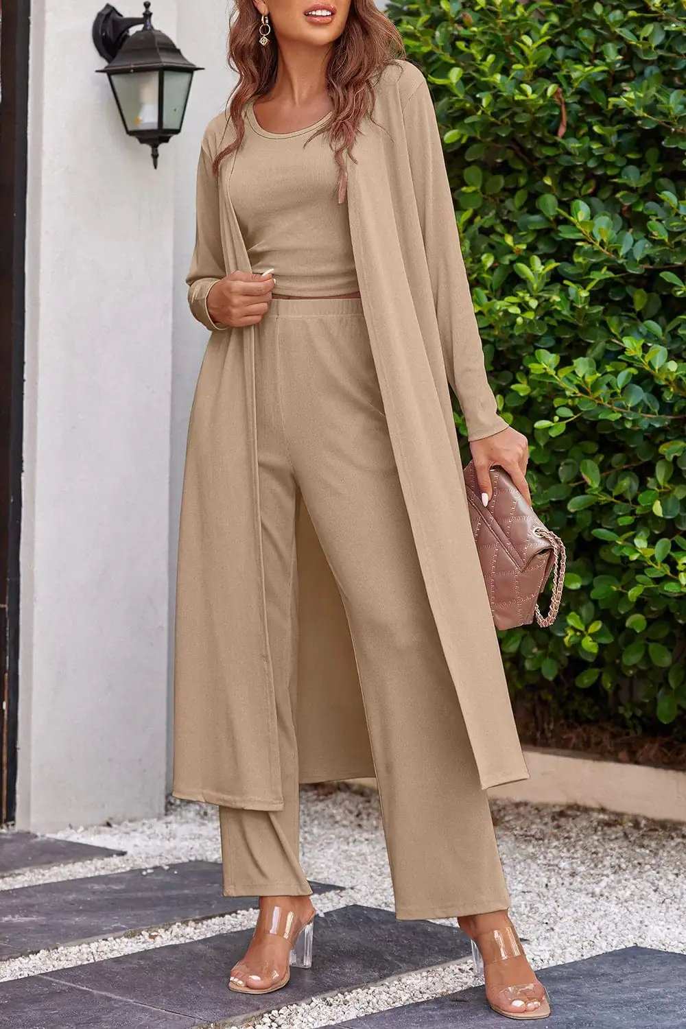 Drawstring Tank, Long Sleeve Cover Up and Pants Set - Trendsi - Flyclothing LLC