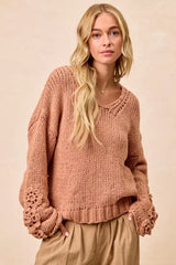 BiBi Chunky Knit Sweater with Flower Detail Sleeves - Trendsi - Flyclothing LLC