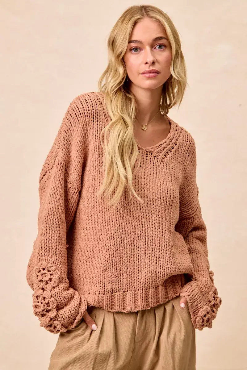 BiBi Chunky Knit Sweater with Flower Detail Sleeves - Trendsi - Flyclothing LLC
