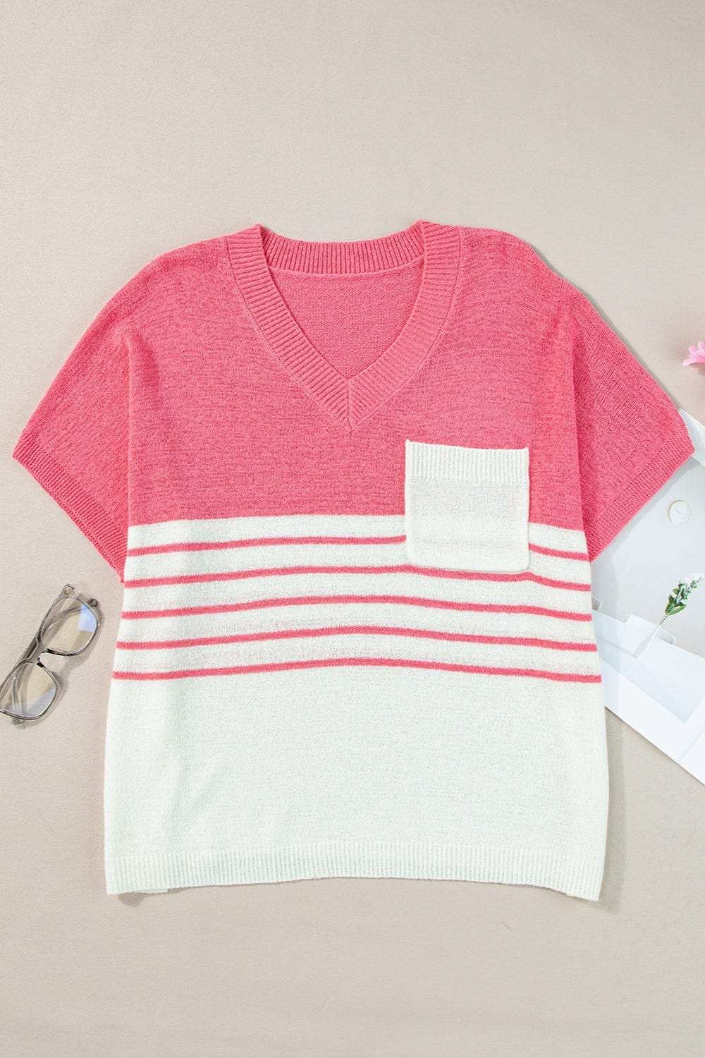 Striped V-Neck Short Sleeve Knit Top - Trendsi - Flyclothing LLC