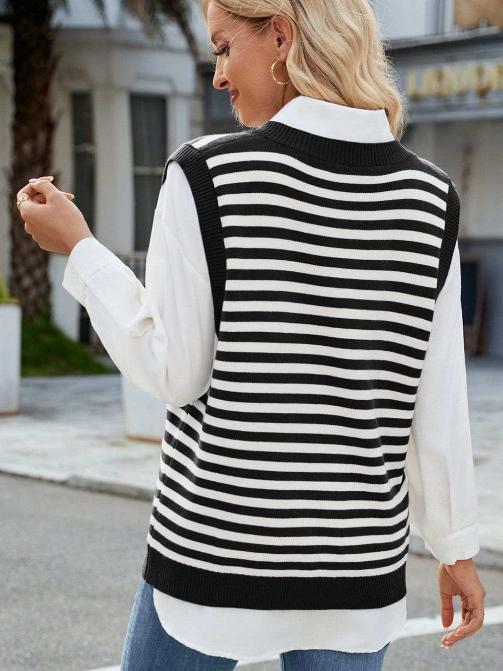Slit V-Neck Striped Sweater Vest - Trendsi - Flyclothing LLC
