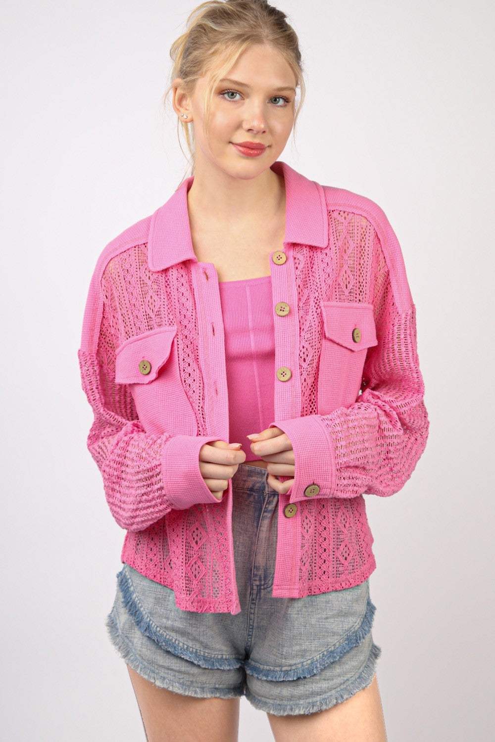 VERY J Button Up Long Sleeve Lace Shirt - Trendsi - Flyclothing LLC