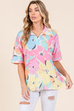 BOMBOM Floral Collared Neck Half Sleeve Top - Trendsi