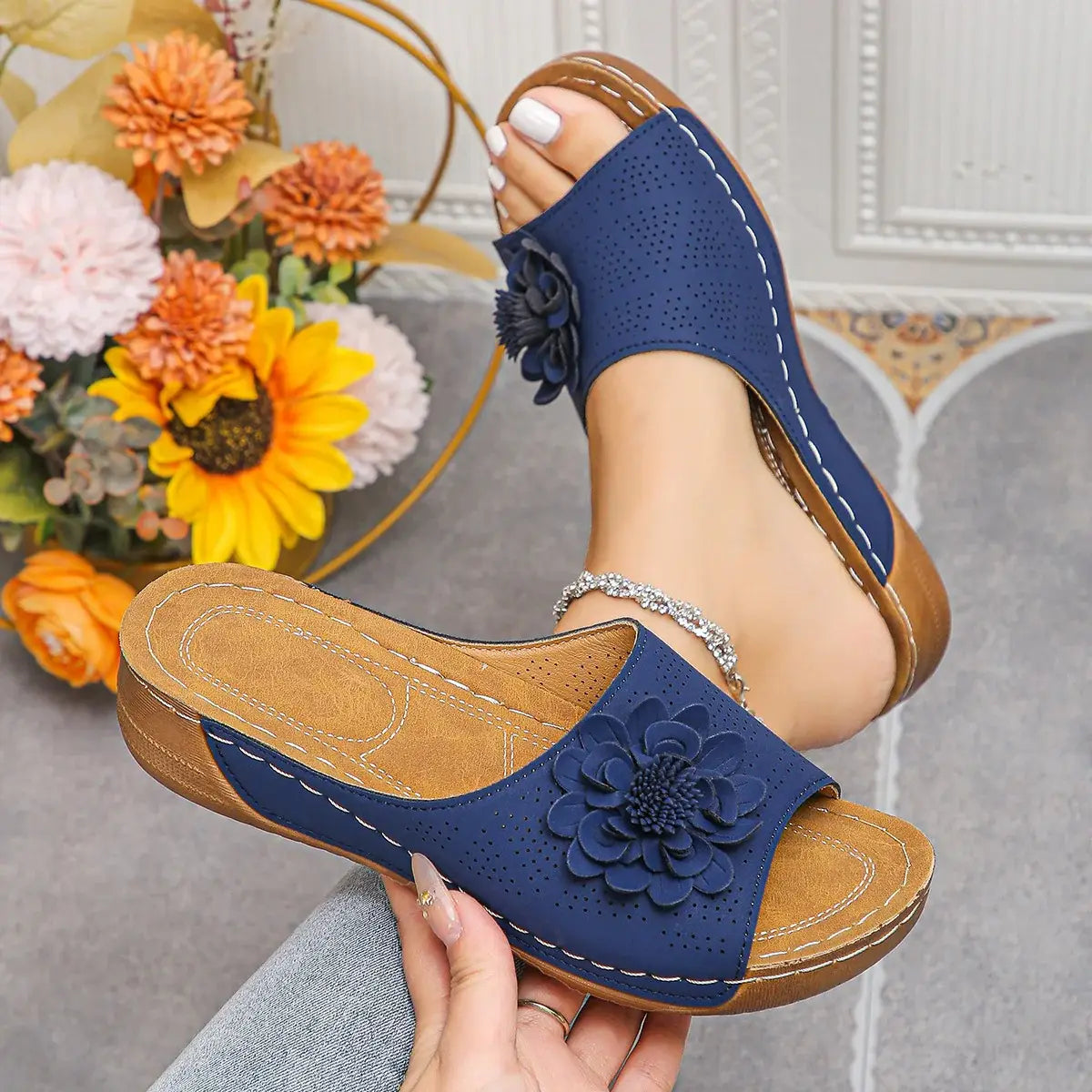 Flower Peep Toe Wedge Sandals - Trendsi - Flyclothing LLC