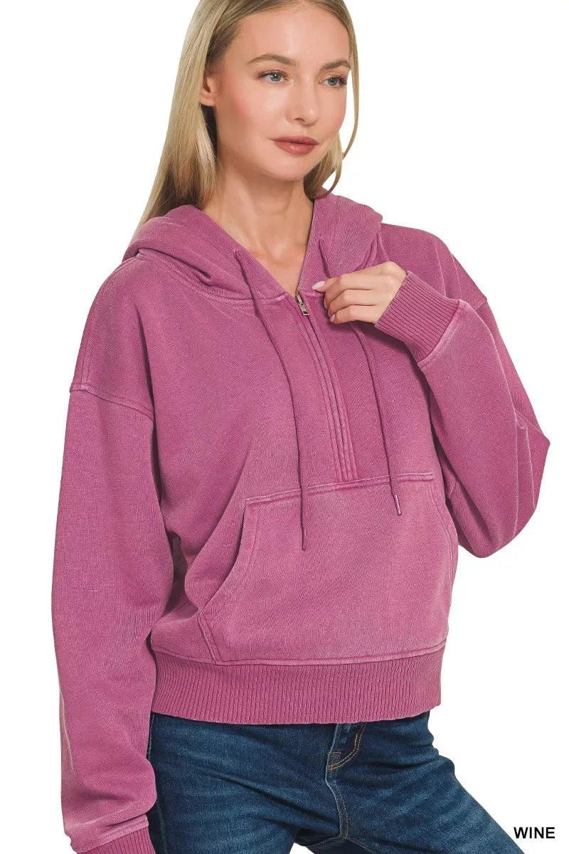 Zenana Fleece Pigment Dye Half Zip Kangaroo Pocket Hoodie - Trendsi - Flyclothing LLC