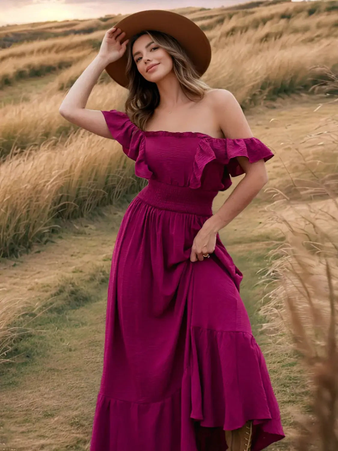 Ruffled Smocked Square Neck Maxi Dress - Trendsi - Flyclothing LLC