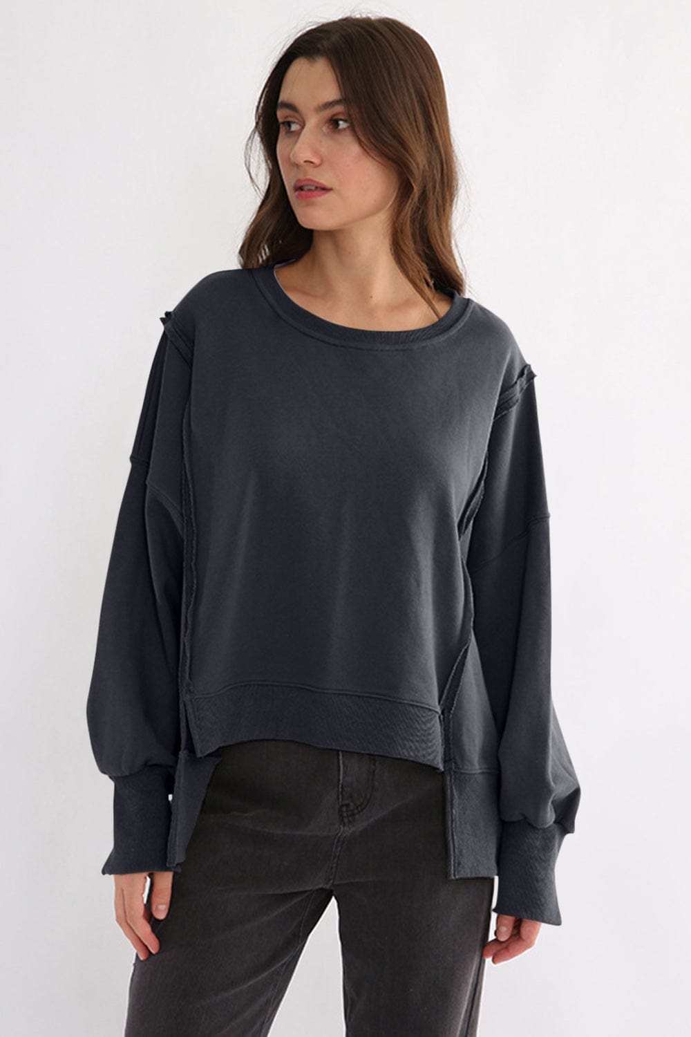 Exposed Seam High-Low Long Sleeve Sweatshirt - Trendsi - Flyclothing LLC