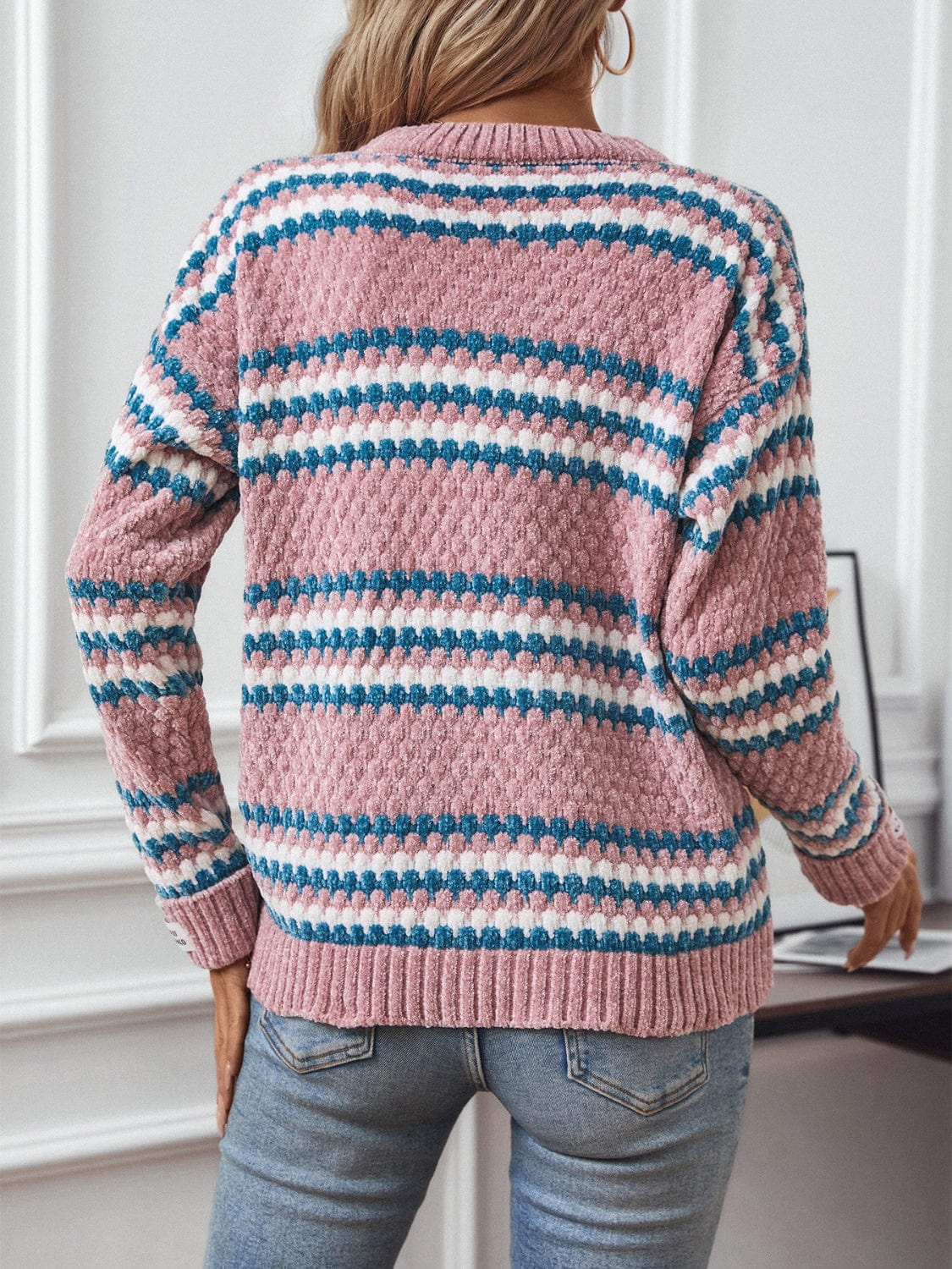 Striped Round Neck Long Sleeve Sweater - Trendsi