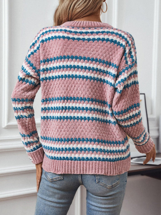 Striped Round Neck Long Sleeve Sweater - Trendsi