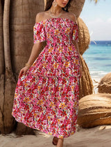 Slit Floral Off-Shoulder Short Sleeve Dress - Trendsi - Flyclothing LLC