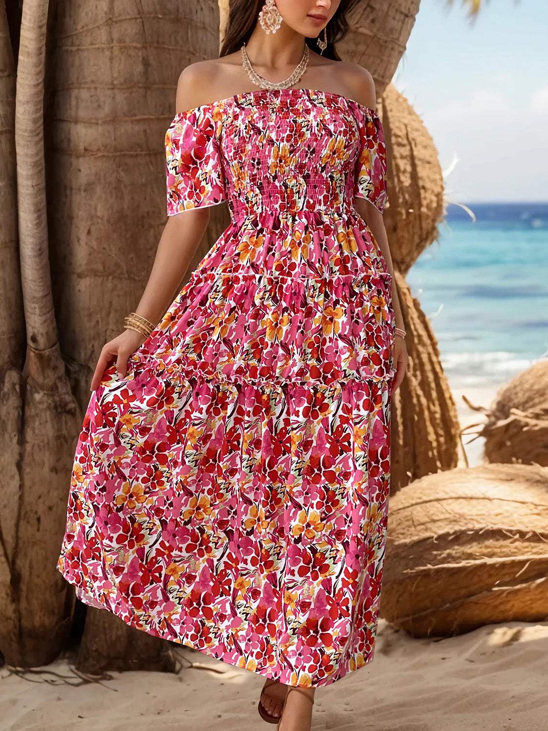 Slit Floral Off-Shoulder Short Sleeve Dress - Trendsi - Flyclothing LLC