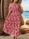 Slit Floral Off-Shoulder Short Sleeve Dress - Trendsi