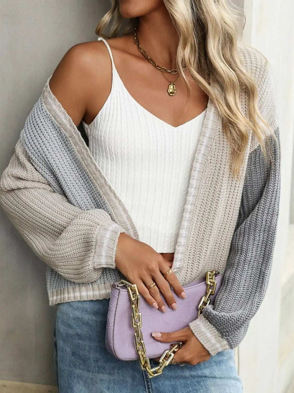 Contrast Open Front Long Sleeve Cardigan - Trendsi - Flyclothing LLC