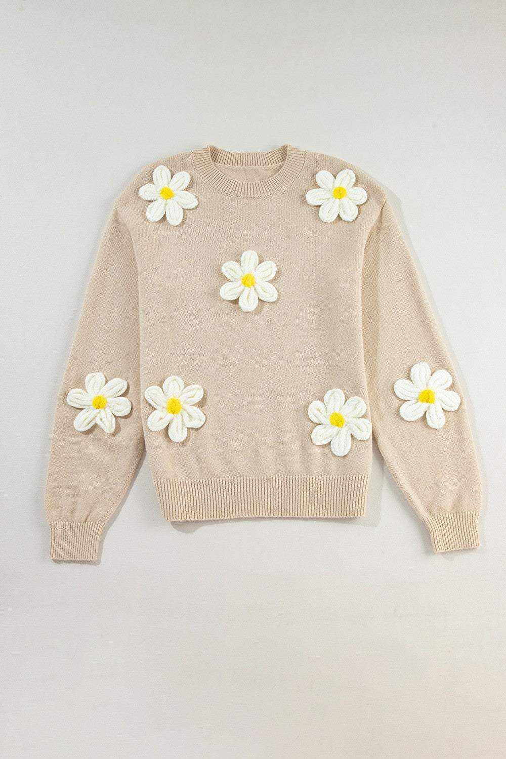 Crochet Flower Round Neck Long Sleeve Sweater - Trendsi - Flyclothing LLC