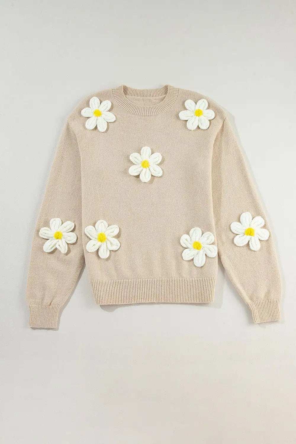 Crochet Flower Round Neck Long Sleeve Sweater - Trendsi - Flyclothing LLC