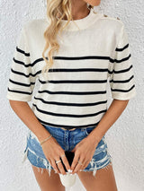 Striped Round Neck Half Sleeve Knit Top - Trendsi - Flyclothing LLC
