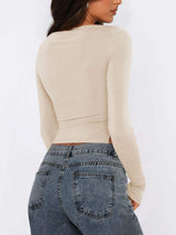 Tied Slit Round Neck Long Sleeve T-Shirt - Trendsi - Flyclothing LLC