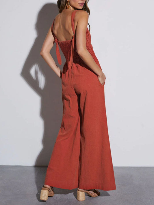 Ruched Wide Strap Jumpsuit with Pockets - Trendsi