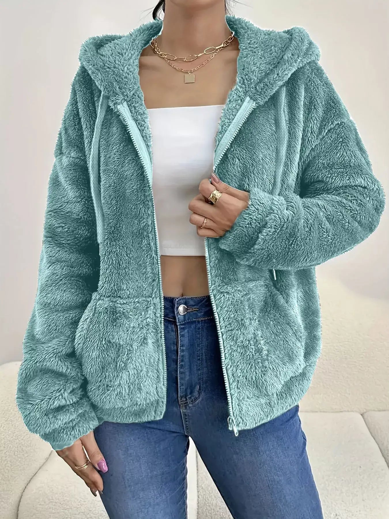 Drawstring Fleece Zip-Up Outerwear - Trendsi - Flyclothing LLC