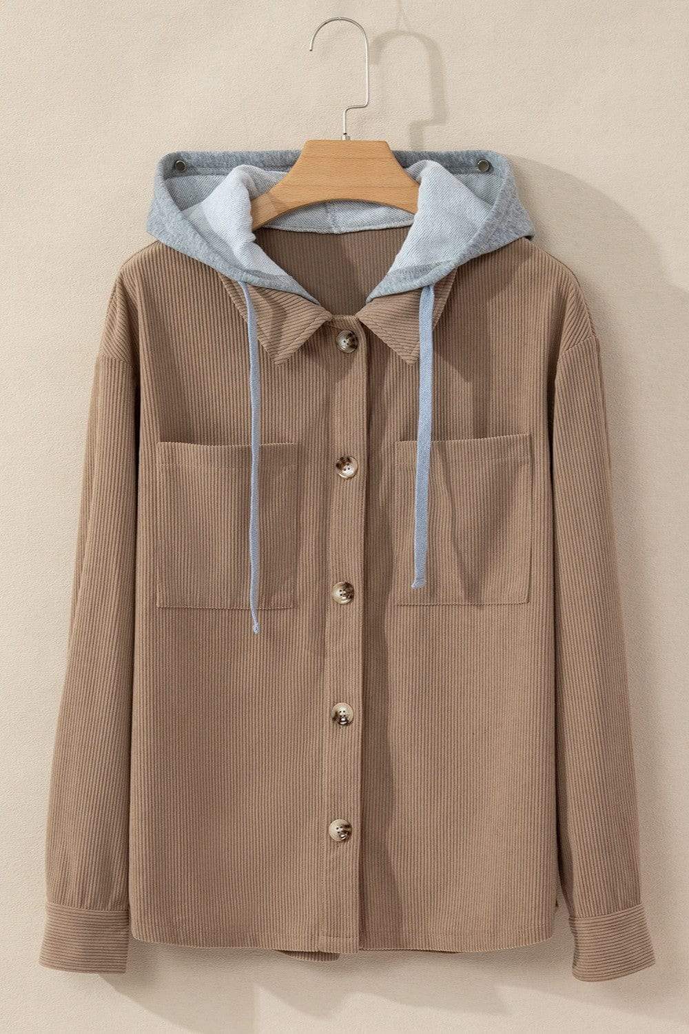 Drawstring Button Up Long Sleeve Hooded Jacket - Trendsi - Flyclothing LLC