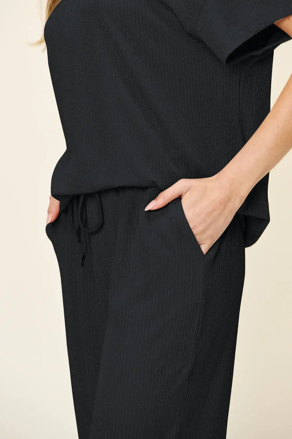 Double Take Full Size Texture Round Neck Short Sleeve T-Shirt and Wide Leg Pants - Trendsi - Flyclothing LLC