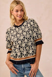 BiBi Textured Rose Knit Top Contrast Banded Puff Sleeve - Trendsi - Flyclothing LLC