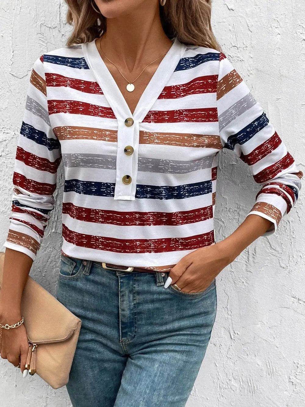 Contrast Striped V-Neck Long Sleeve T-Shirt - Trendsi